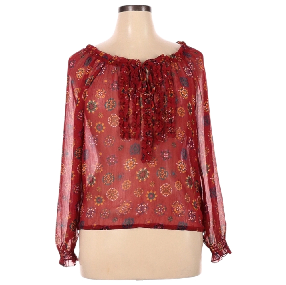 Olsenboye Long Sleeve Blouse Size XL Red Ruffle Front Semi-Sheer Floral‎ Design